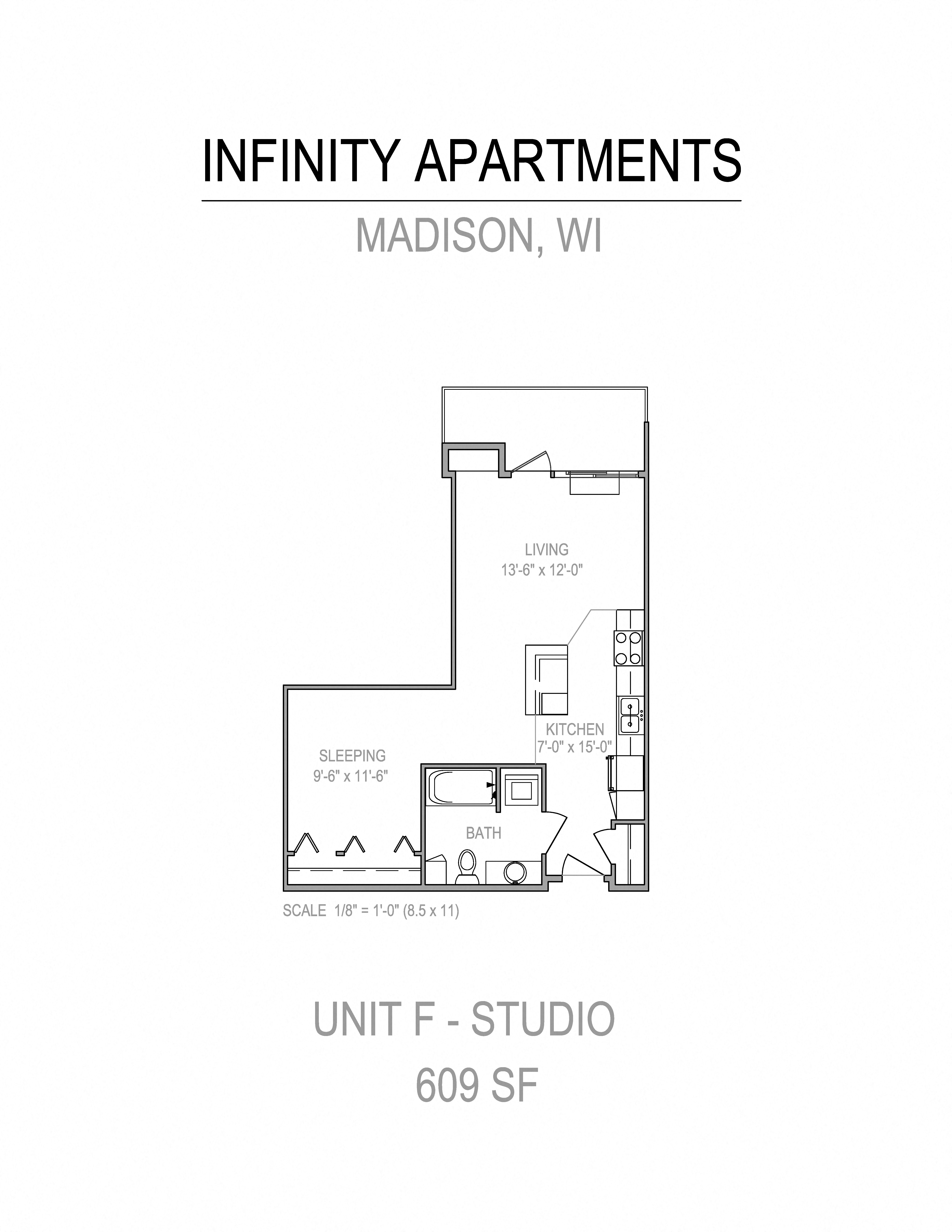 Floor plan for studio, 1 bath, 609 sqft